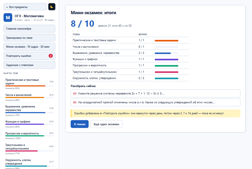 Итоги мини-экзамена по темам и список ошибок